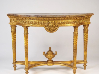 Vente aux enchères Console demi lune à quatre pieds de style Louis XVI en bois sculpté et