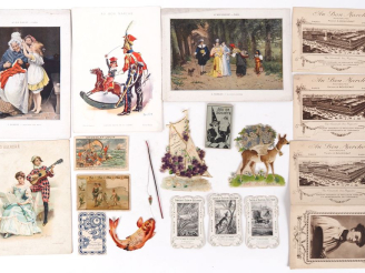 Vente aux enchères lot de vignettes et chromolithographies publicitaires dont bon marché 