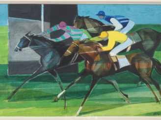 Vente aux enchères Camille HILAIRE.  "course de chevaux, l'arrivée" Aquarelle, signée en 