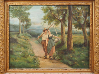 Vente aux enchères JULIA. "paysans sur un chemin de campagne" Huile sur toile, signée en 
