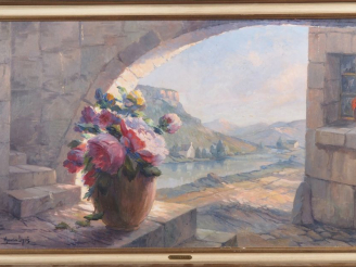 Vente aux enchères Maurice LIGUE.  "bouquet de pivoines sur fond de paysage Huile sur pan