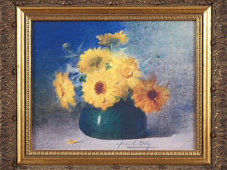 Vente aux enchères Blanche ODIN.  "bouquet de soucis dans un vase bleu" Aquarelle, signée