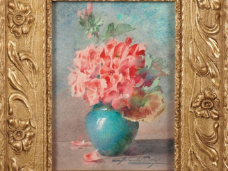 Vente aux enchères Blanche ODIN.  "Bouquet de fleurs dans un vase" Aquarelle, signée en b