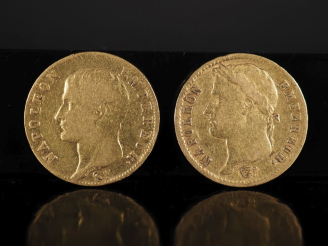 Vente aux enchères Deux pièces de 20 Francs or, Napoléon Empereur, 1806-A et 1808-A.  FRA