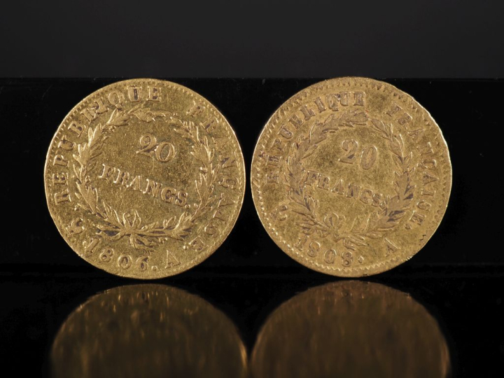 Deux pièces de 20 Francs or, Napoléon Empereur, 1806-A et 1808-A.  FRA