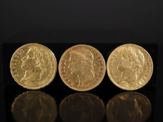 Vente aux enchères Trois pièces de 20 Francs or, 1810-A, 1811-A et 1813. FRAIS ACHETEURS 
