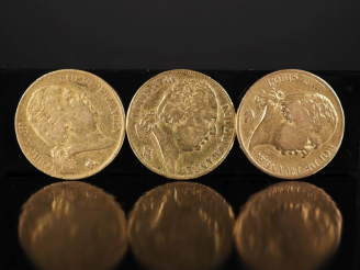 Vente aux enchères Trois pièces de 20 Francs or, Louis XVIII, Roi de France, 1819-A, 1820