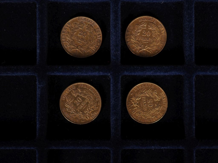 Quatre pièces de 20 Francs or, 1851-A.  FRAIS ACHETEURS 10% HT.