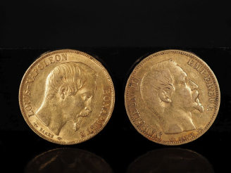 Vente aux enchères Deux pièces de 20 Francs or, 1852-A et 1853-A.  FRAIS ACHETEURS 10% HT