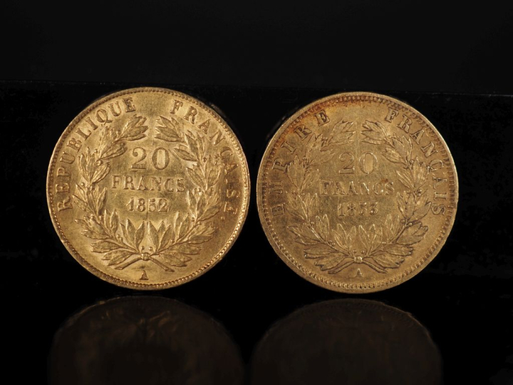 Deux pièces de 20 Francs or, 1852-A et 1853-A.  FRAIS ACHETEURS 10% HT