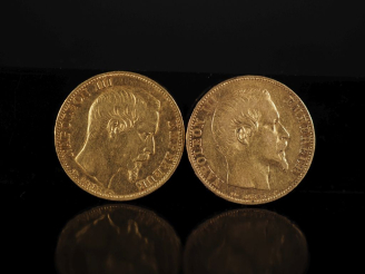 Vente aux enchères Deux pièces de 20 Francs or, Napoléon III Empereur, 1854-A. FRAIS ACHE