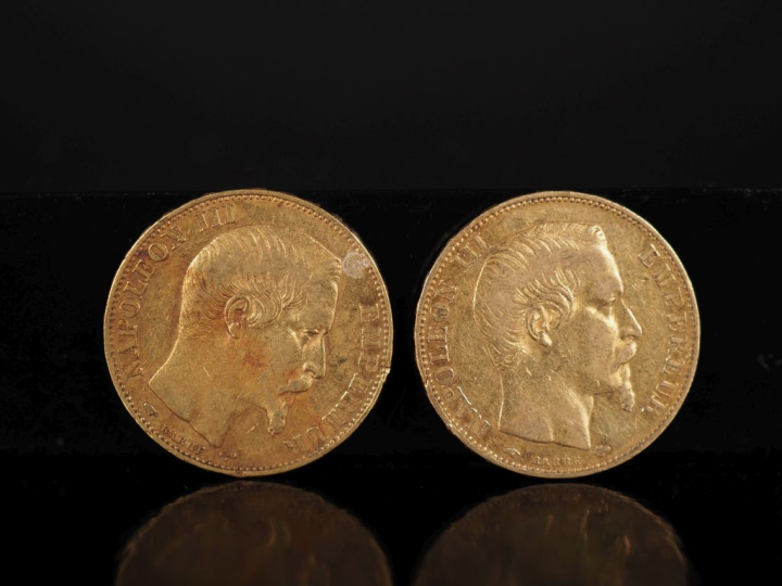 Deux pièces de 20 Francs or, 1855-A et 1856-A.  FRAIS ACHETEURS 10% HT