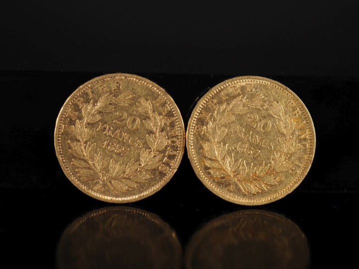 Deux pièces de 20 Francs or, Napoléon III Empereur, 1857-A.  FRAIS ACH