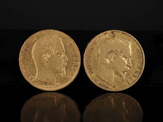 Vente aux enchères Deux pièces de 20 Francs or, Napoléon III Empereur, 1858-A.  FRAIS ACH