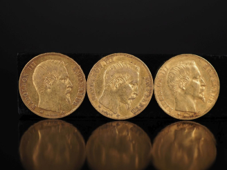 Vente aux enchères Trois pièces de 20 Francs or, 1859-BB.  FRAIS ACHETEURS 10% HT.