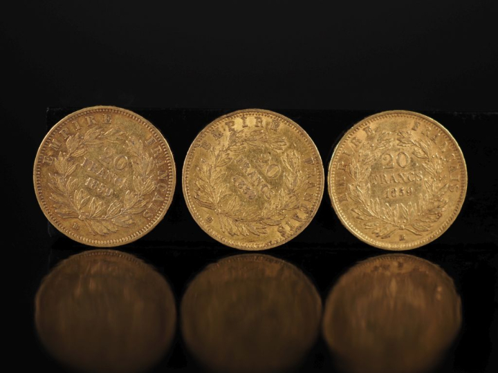Trois pièces de 20 Francs or, 1859-BB.  FRAIS ACHETEURS 10% HT.