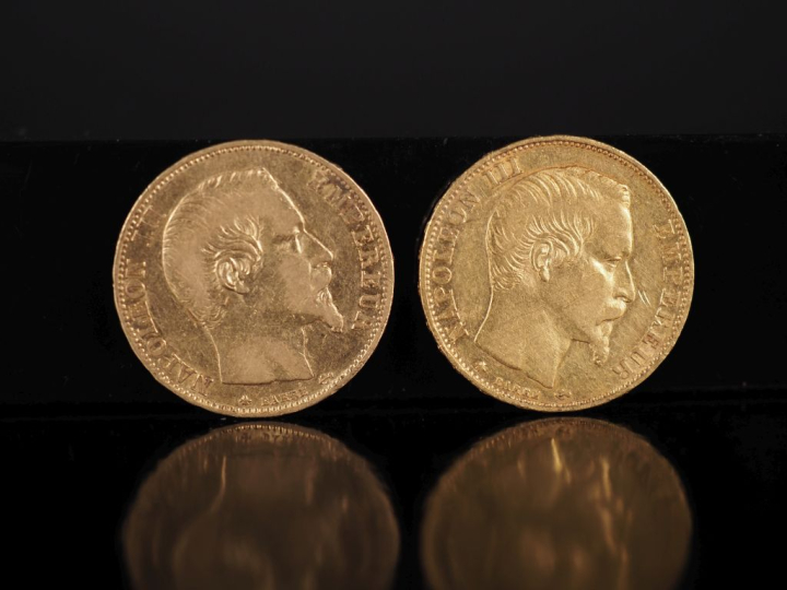 Deux pièces de 20 Francs or, Napoléon III Empereur, 1860-BB. FRAIS ACH