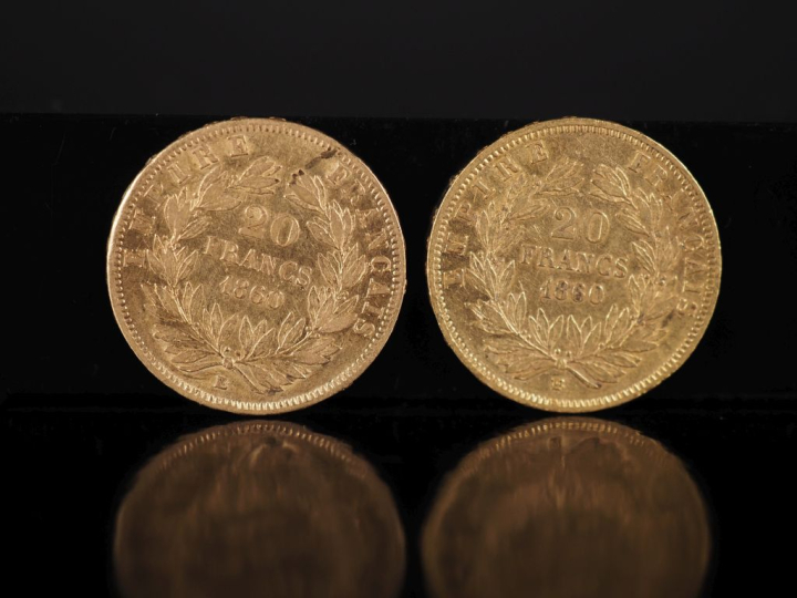 Deux pièces de 20 Francs or, Napoléon III Empereur, 1860-BB. FRAIS ACH