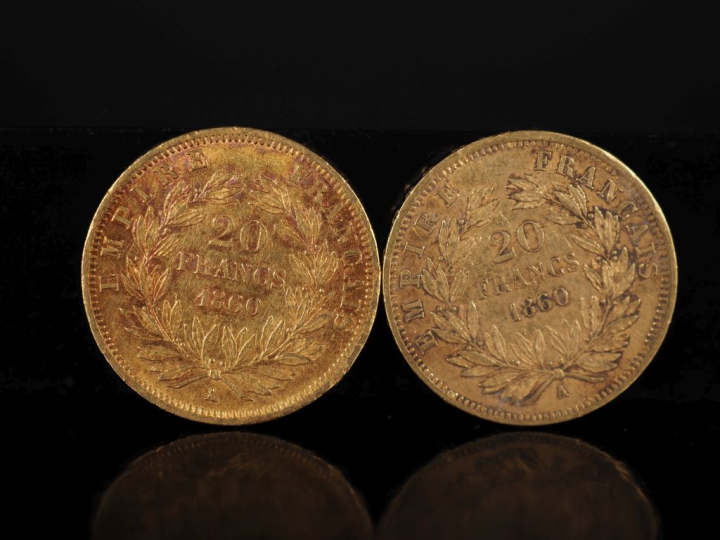 Deux pièces de 20 Francs or, 1860-A. FRAIS ACHETEURS 10% HT.