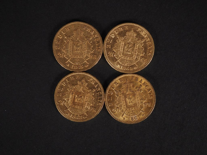 Quatre pièces de 20 Francs or, 1861-BB, 1863-BB, 1864-BB et 1865-A. FR