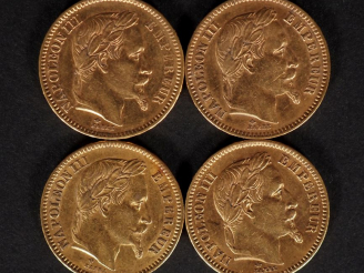 Vente aux enchères Ensemble comprenant :  - deux pièces de 20 Francs or, 1864-A et 1864-B