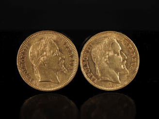 Vente aux enchères Deux pièces de 20 Francs or, Napoléon III Empereur, 1862-A et 1869-BB.
