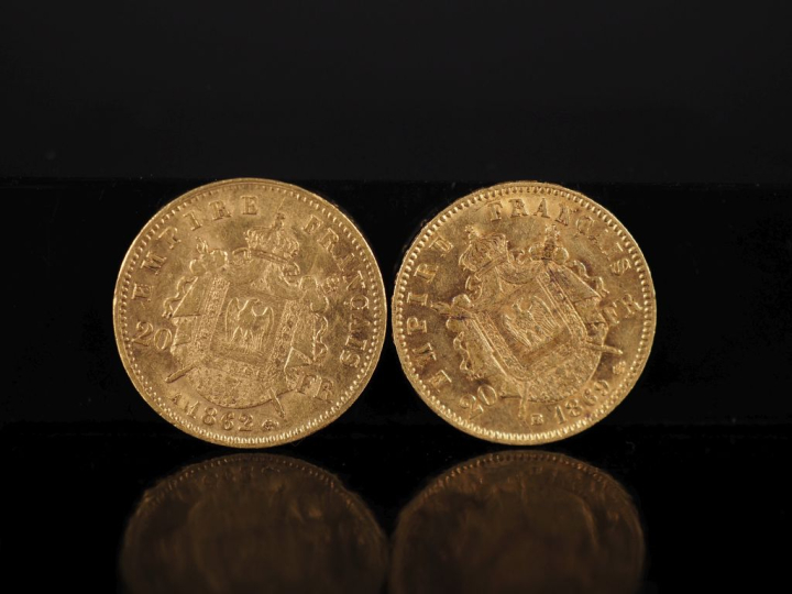 Deux pièces de 20 Francs or, Napoléon III Empereur, 1862-A et 1869-BB.