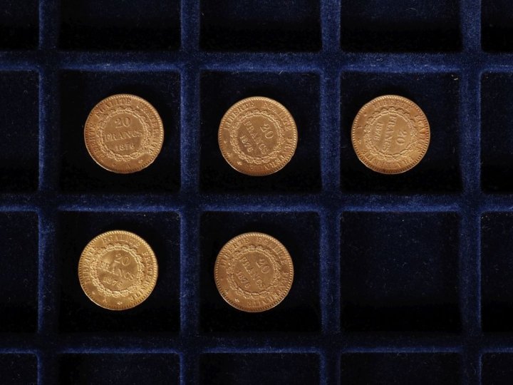 Cinq pièces de 20 Francs or, 1876-A.  FRAIS ACHETEURS 10% HT.