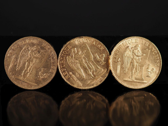 Vente aux enchères Trois pièces de 20 Francs or, République Française, 1887-A, 1891-A et 