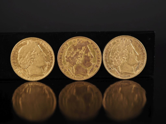 Vente aux enchères Trois pièces de 10 Francs or, République Française, 1850-A (x2) et 185