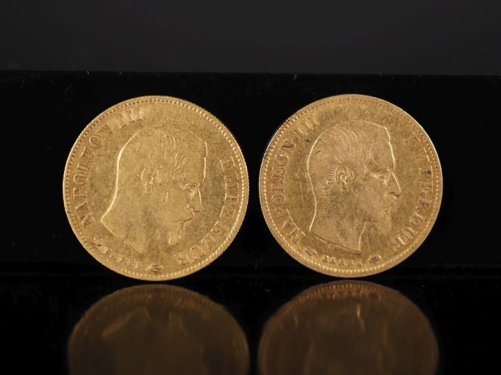 Deux pièces de 10 Francs or,  Napoléon III Empereur, 1858-BB et 1858-A