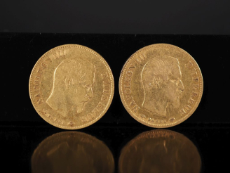 Vente aux enchères Deux pièces de 10 Francs or,  Napoléon III Empereur, 1858-BB et 1858-A