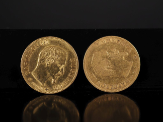 Vente aux enchères Deux pièces de 10 Francs or, Napoléon III Empereur, 1859-BB et 1859-A.