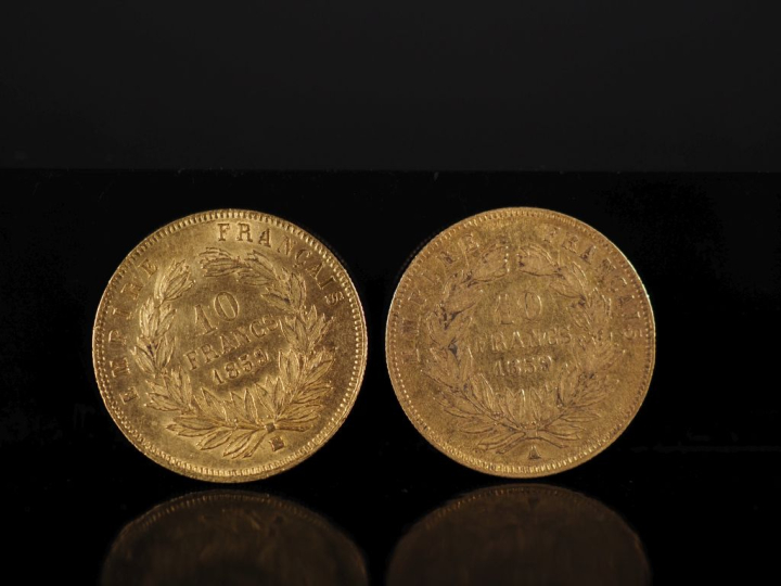 Deux pièces de 10 Francs or, Napoléon III Empereur, 1859-BB et 1859-A.