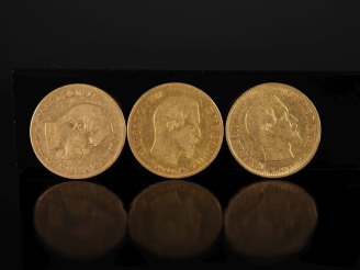 Vente aux enchères Trois pièces de 10 Francs or, Napoléon III Empereur, 1860-A (x2) et 18