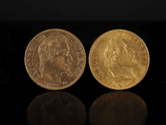 Vente aux enchères Deux pièces de 10 Francs or, Napoléon III Empereur, 1862-BB et 1862-A.