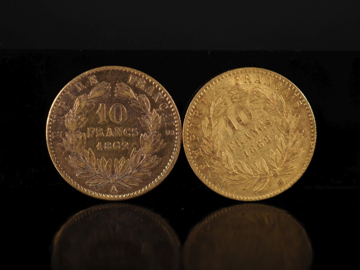 Deux pièces de 10 Francs or, Napoléon III Empereur, 1862-BB et 1862-A.