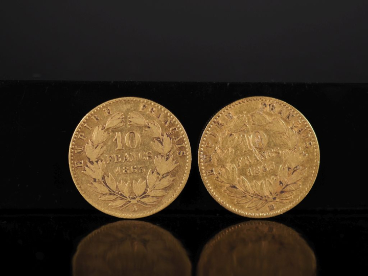 Deux pièces de 10 Francs or, Napoléon III Empereur, 1863-BB et 1863-A.