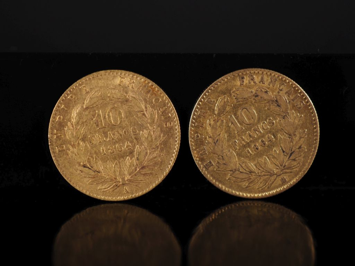 Deux pièces de 10 Francs or, Napoléon III Empereur, 1864-A et 1864-BB.