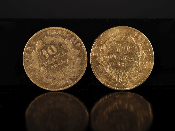 Deux pièces de 10 Francs or, Napoléon III Empereur, 1865-A et 1865-BB.