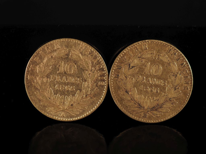 Deux pièces de 10 Francs or, 1866-A et 1866-BB. FRAIS ACHETEURS 10% HT