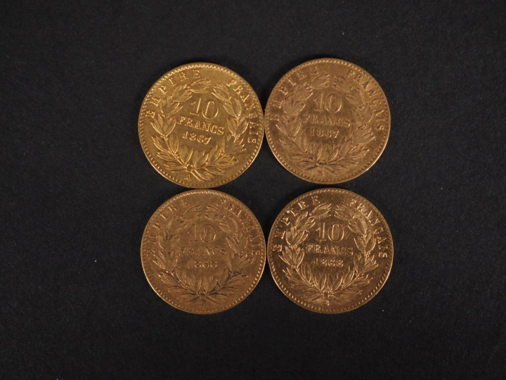 Quatre pièces de 10 Francs or, Napoléon III Empereur, 1867-A, 1867-BB,