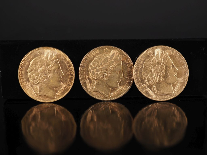 Trois pièces de 10 Francs or, République Française, 1895-A, 1896-A, 18