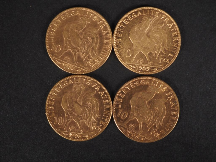 Quatre pièces de 10 Francs or, République Française, 1906, 1907, 1908 
