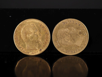 Vente aux enchères Deux pièces de 5 Francs or, Napoléon III Empereur, 1859-A et 1859-BB. 