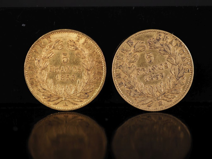 Deux pièces de 5 Francs or, Napoléon III Empereur, 1859-A et 1859-BB. 