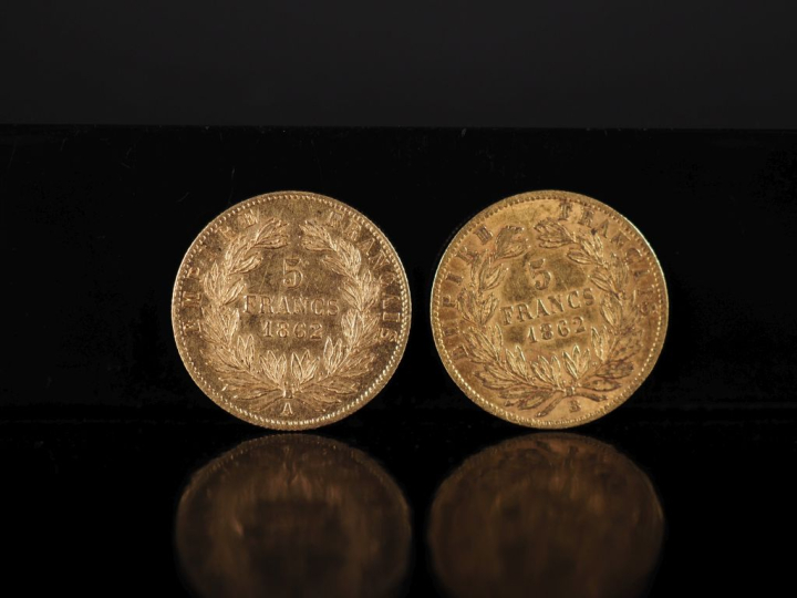 Deux pièces de 5 Francs or Napoléon III Empereur, 1862-A et 1862-BB.  