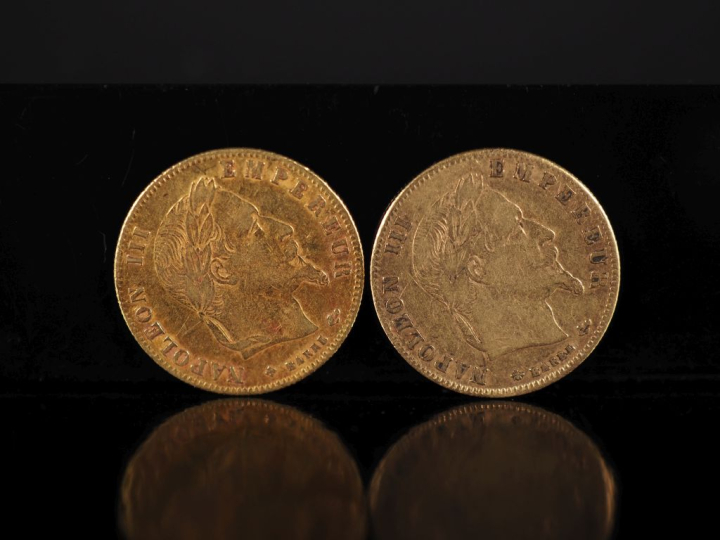 Deux pièces de 5 Francs or, Napoléon III Empereur, 1863-A et 1863-BB. 