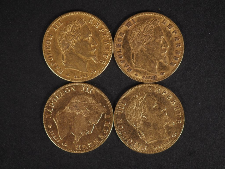 Quatre pièces de 5 Francs or, Napoléon III Empereur, 1864-A, 1864-BB, 