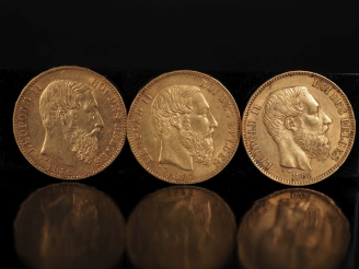 Vente aux enchères Trois pièces de 20 Francs Belge or, 1868, 1877 et 1878. FRAIS ACHETEUR